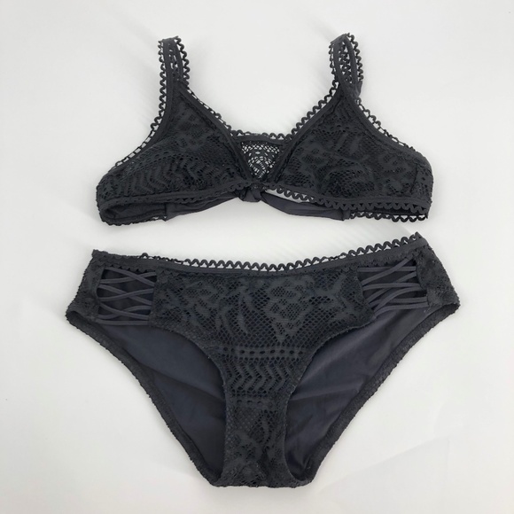 Becca by Rebecca Virtue Swim Two Piece Bikini Set Medium Black Crochet Strappy - Picture 1 of 13